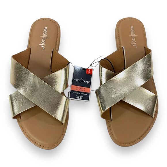 WOMEN'S SMALL (5/6) Metallic Gold Casual Flat Crossover Slide Sandals Cushioned - Picture 8 of 14